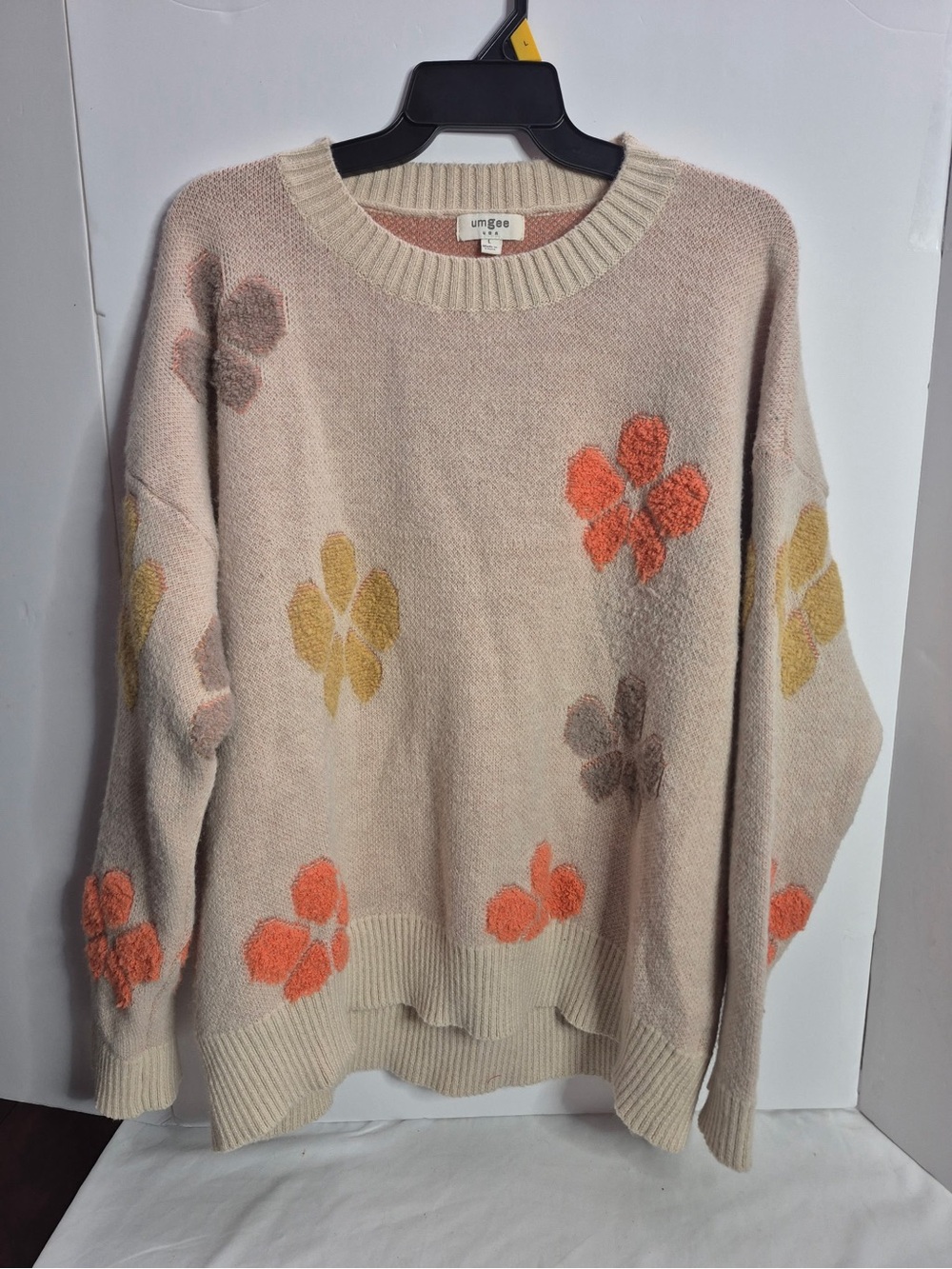 Umgee Cream Crewneck Sweater with Orange, Yellow & Taupe Floral Motif - Picture 2 of 5